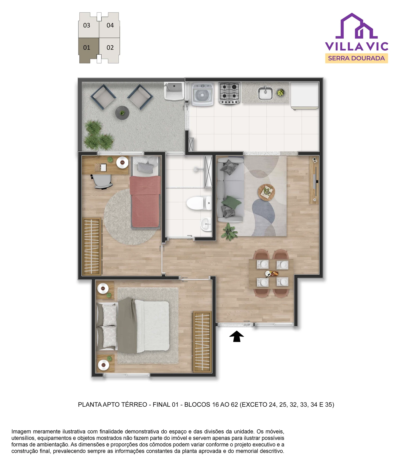 Planta Casa Térrea 44,28m² — 2 quartos com quintal