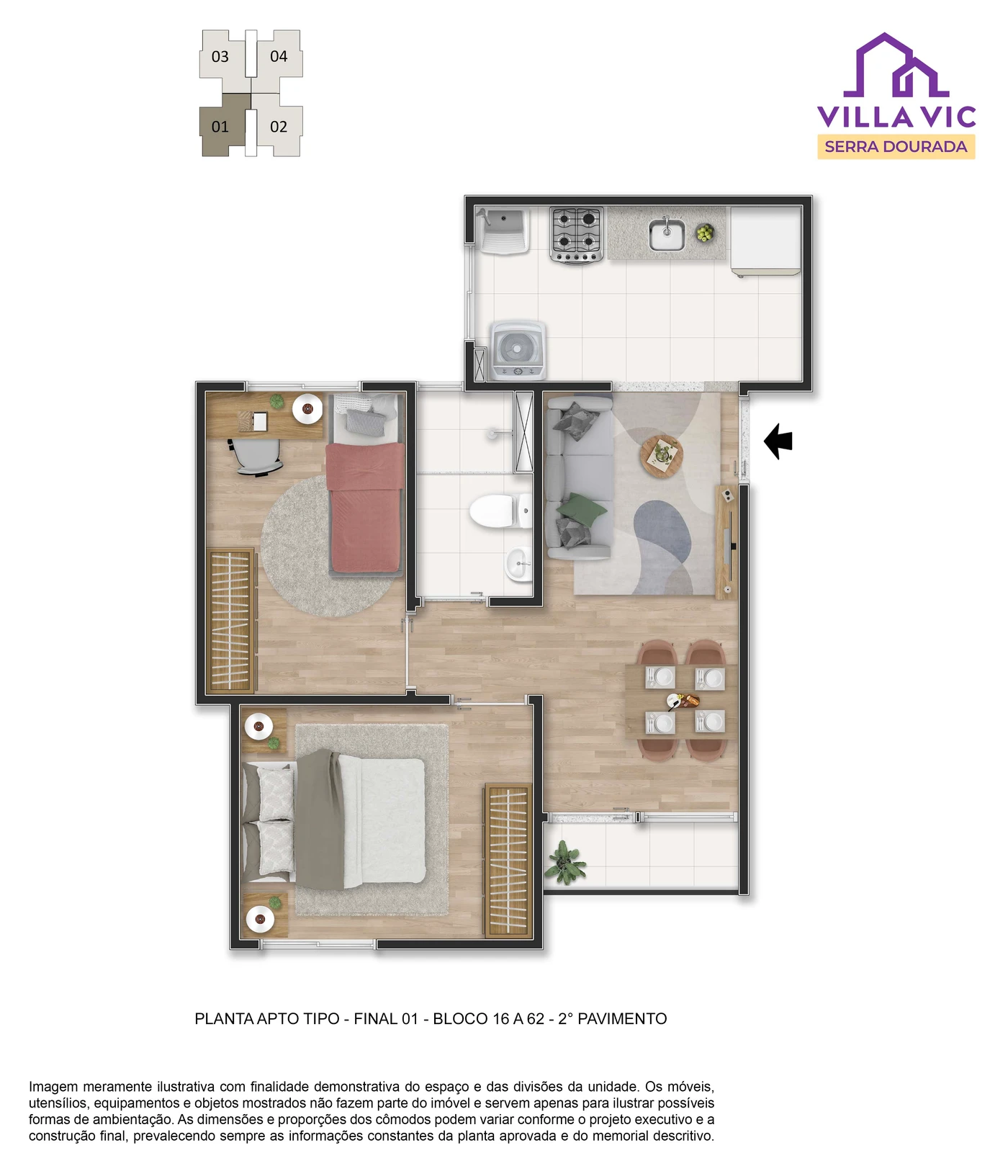 Planta Casa Tipo 36,64m² — 2 quartos